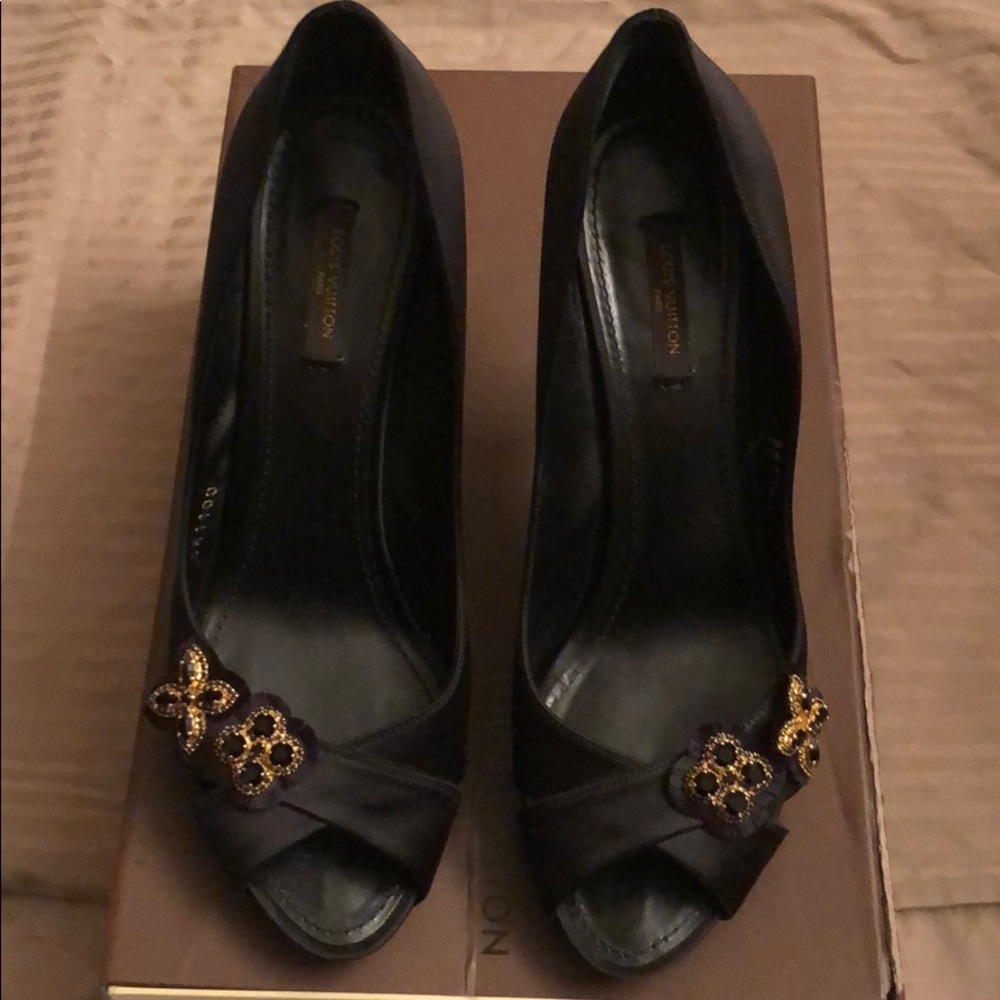 Louis Vuitton Jeweled Black Satin Peep-Toe Heels